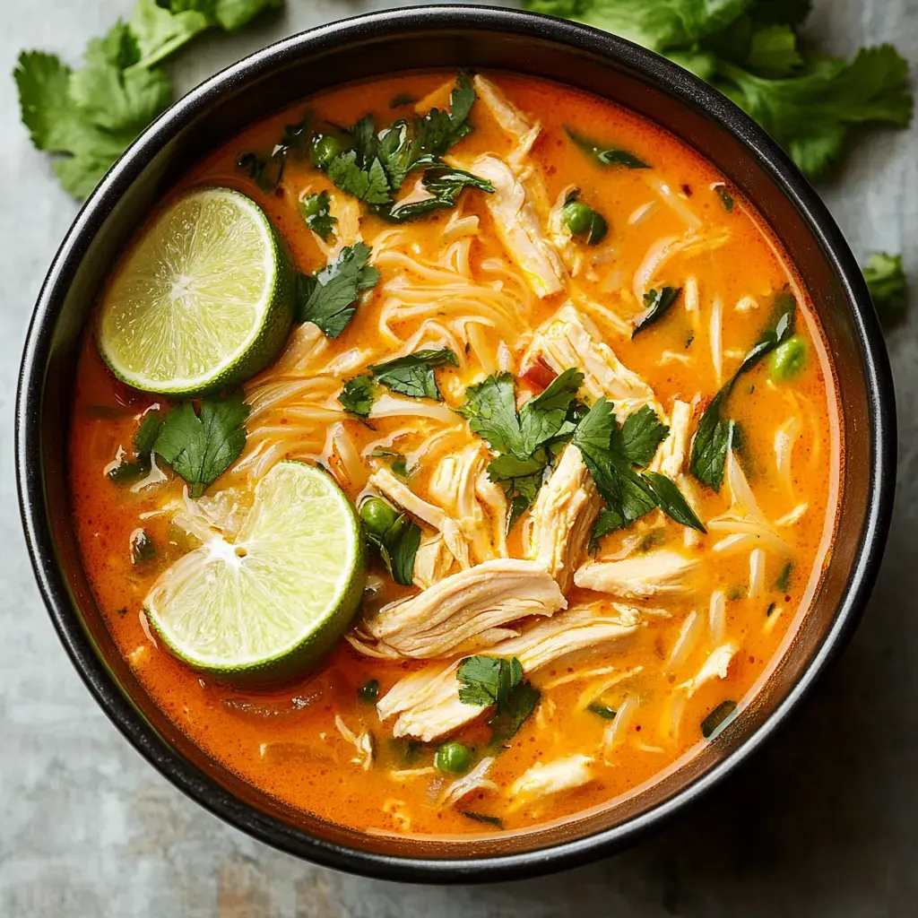 A bowl of creamy chicken soup is garnished with fresh herbs and lime slices.