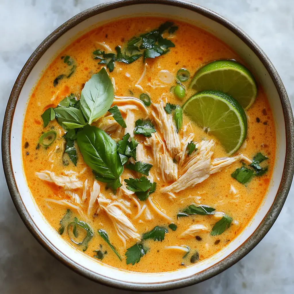 A bowl of creamy chicken soup garnished with fresh herbs, lime slices, and green onions.