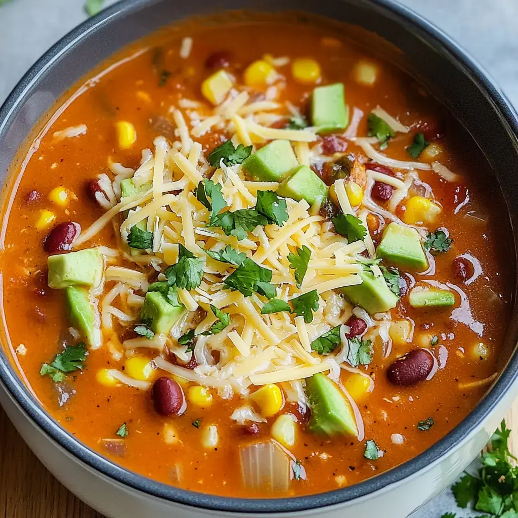 A bowl of hearty soup featuring beans, corn, and topped with shredded cheese, diced avocado, and fresh cilantro.