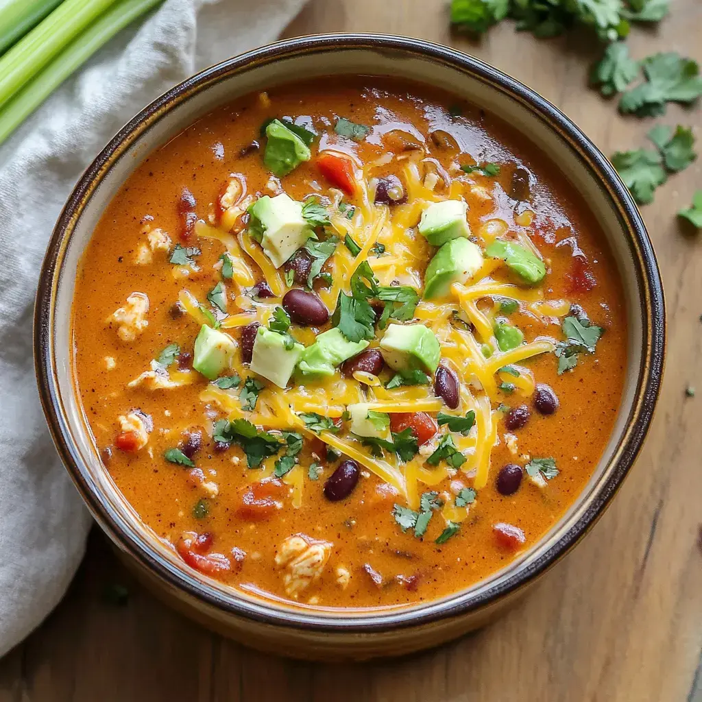 A bowl of hearty chili topped with diced avocado, shredded cheese, and fresh cilantro, surrounded by celery and coriander on a wooden surface.