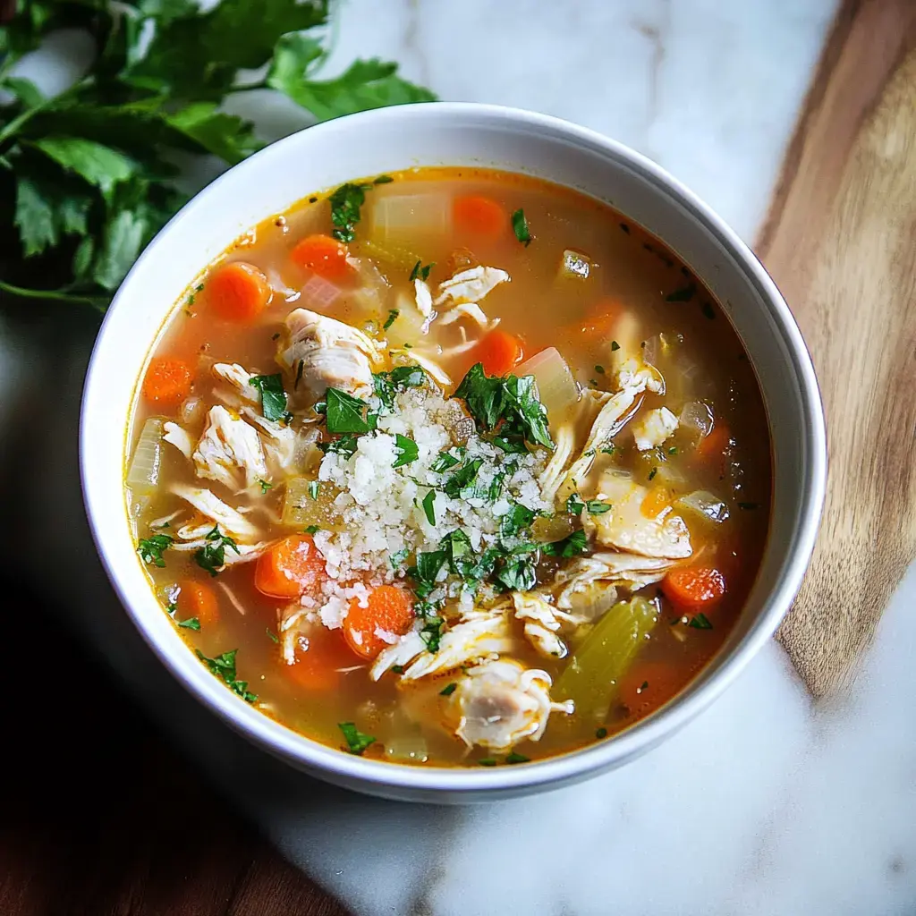 A bowl of chicken soup with shredded chicken, carrots, celery, and topped with fresh herbs and grated cheese.