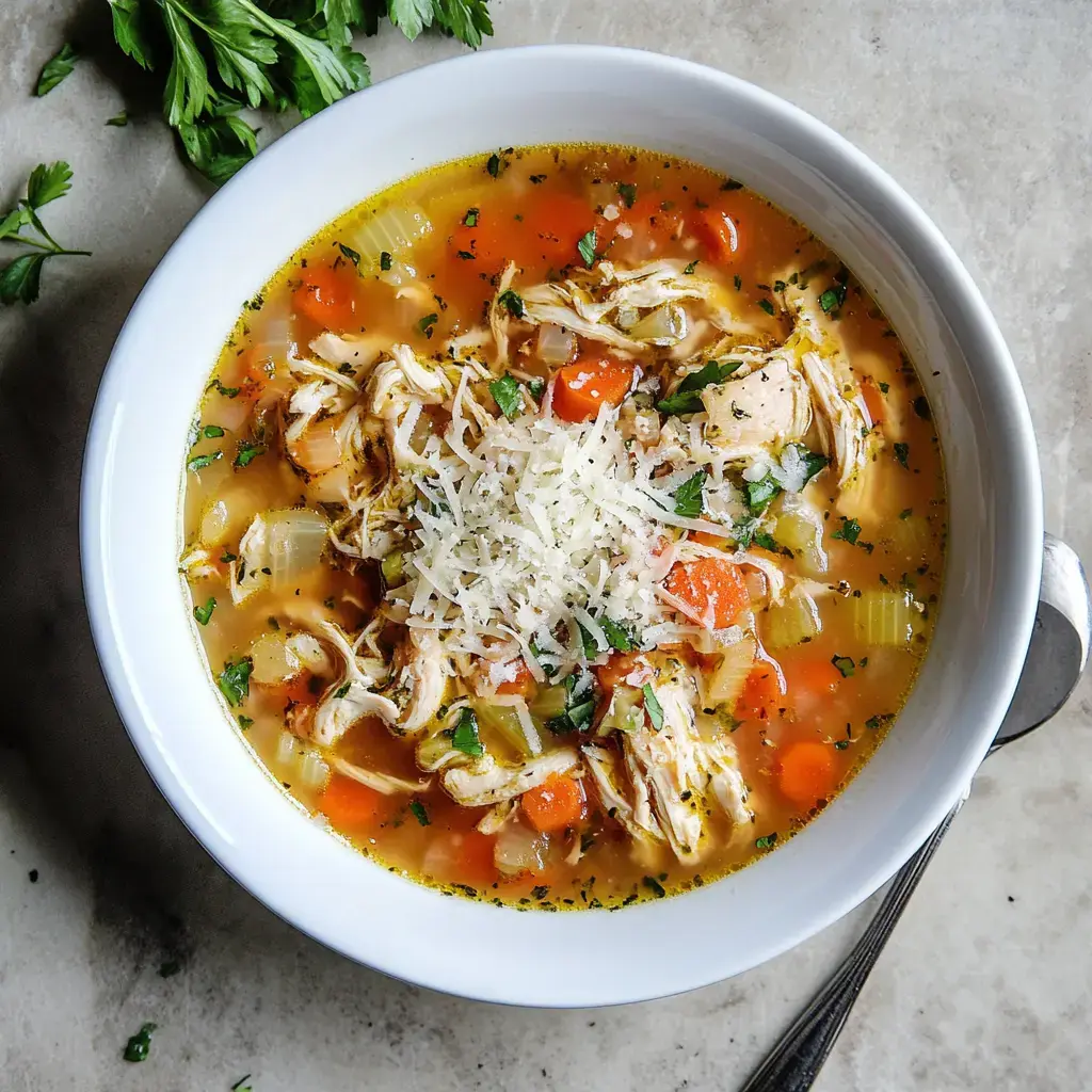 A bowl of chicken soup featuring shredded chicken, carrots, celery, and topped with grated cheese, alongside a sprig of parsley.