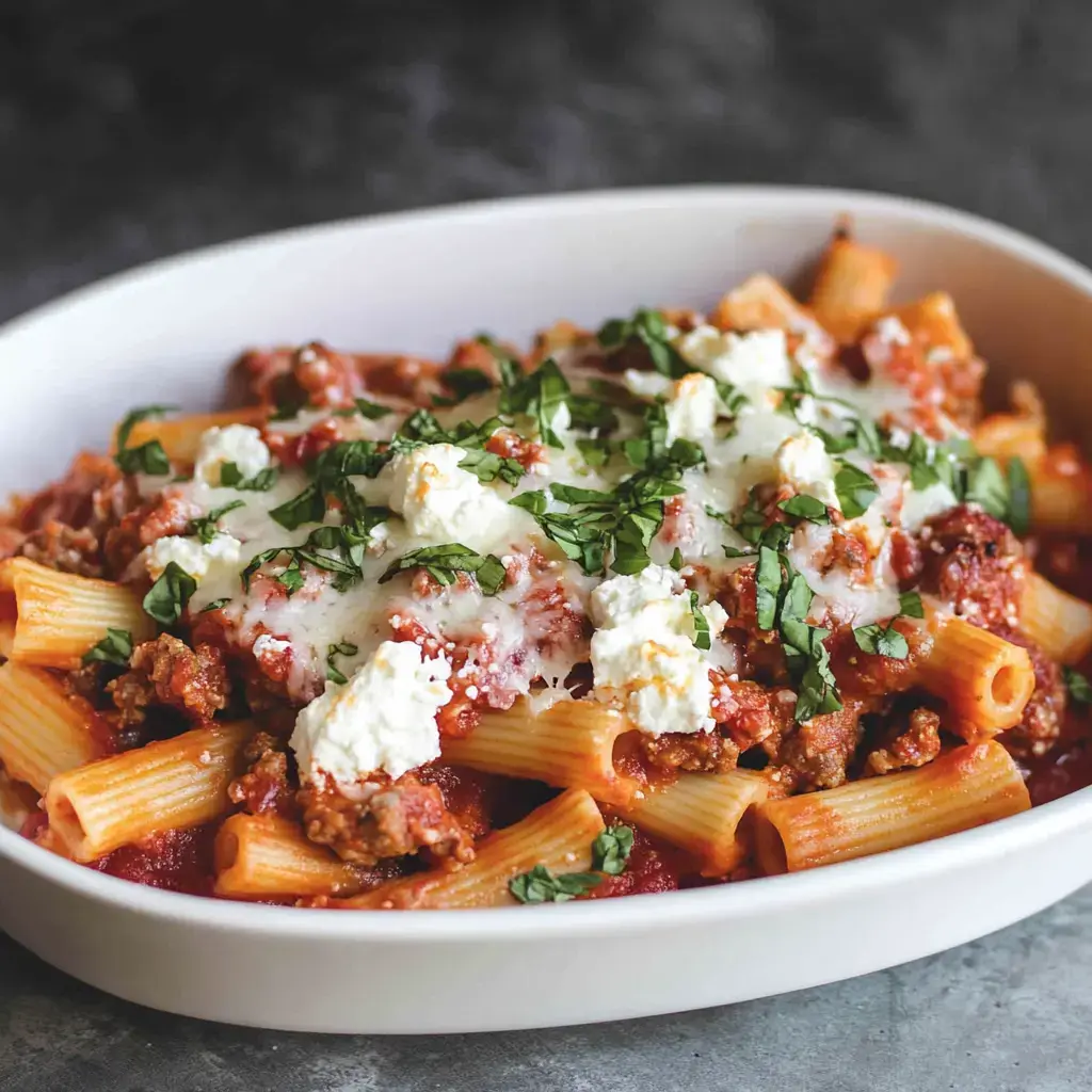 A white dish filled with rigatoni pasta topped with meat sauce, melted cheese, ricotta, and fresh basil.