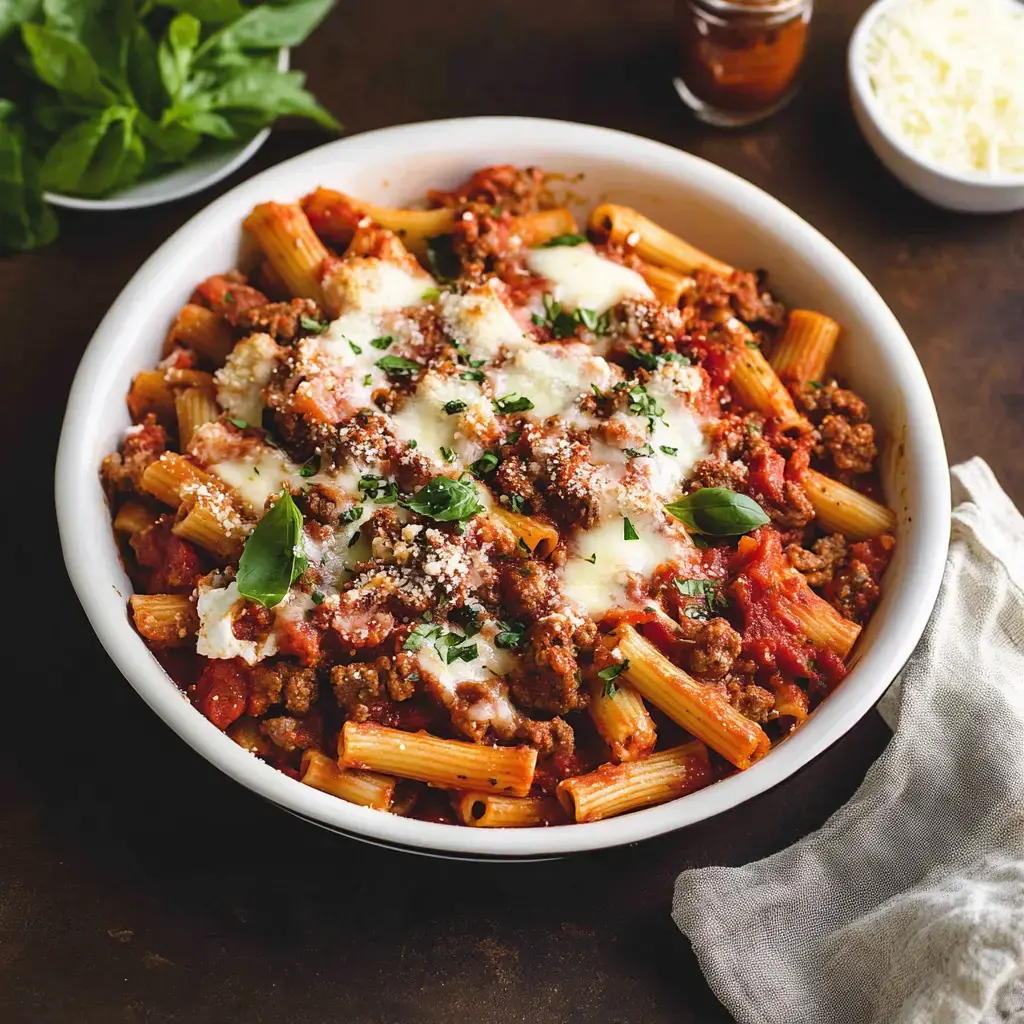 A bowl of rigatoni pasta topped with ground meat, marinara sauce, melted cheese, and garnished with fresh basil.