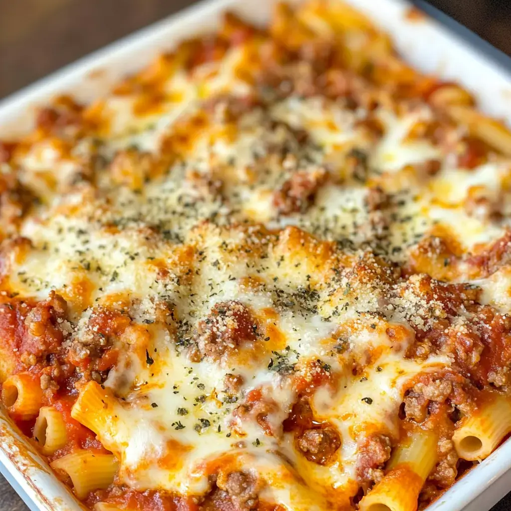 A close-up of a baked pasta dish topped with melted cheese, ground meat, and herbs.