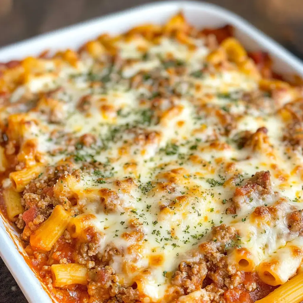 A baked pasta dish topped with melted cheese and ground meat, garnished with herbs.