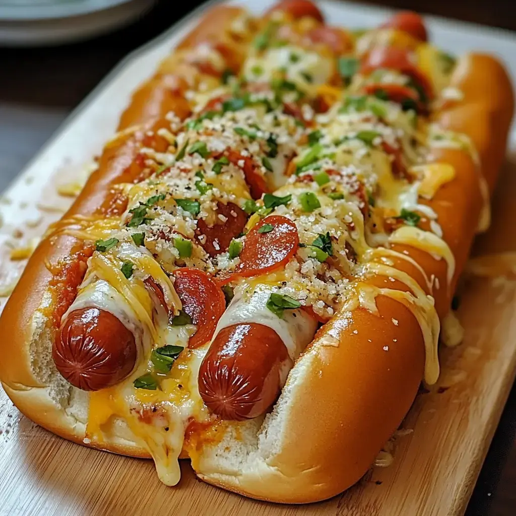 A close-up of a loaded hot dog topped with cheese, pepperoni, herbs, and a savory sauce, served on a wooden board.