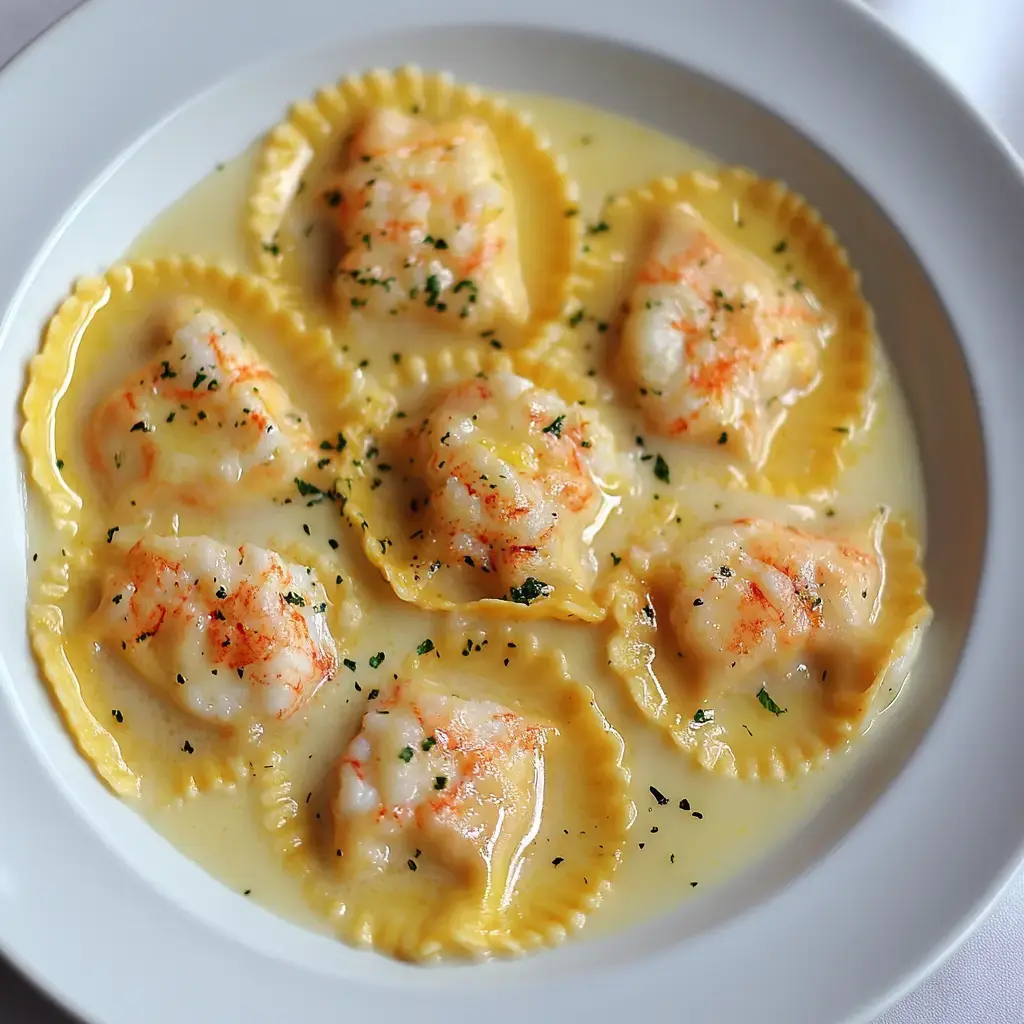 A white bowl filled with eight ravioli in a creamy sauce, garnished with green herbs.