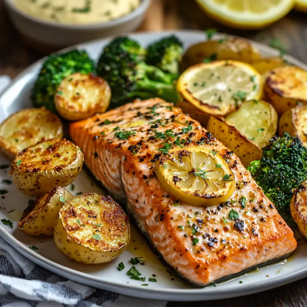 A plate of grilled salmon topped with lemon slices, accompanied by roasted potatoes and steamed broccoli.