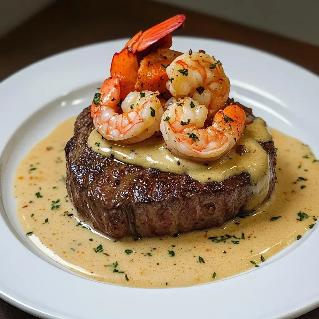 A grilled steak topped with shrimp in a creamy sauce, garnished with herbs, served on a white plate.