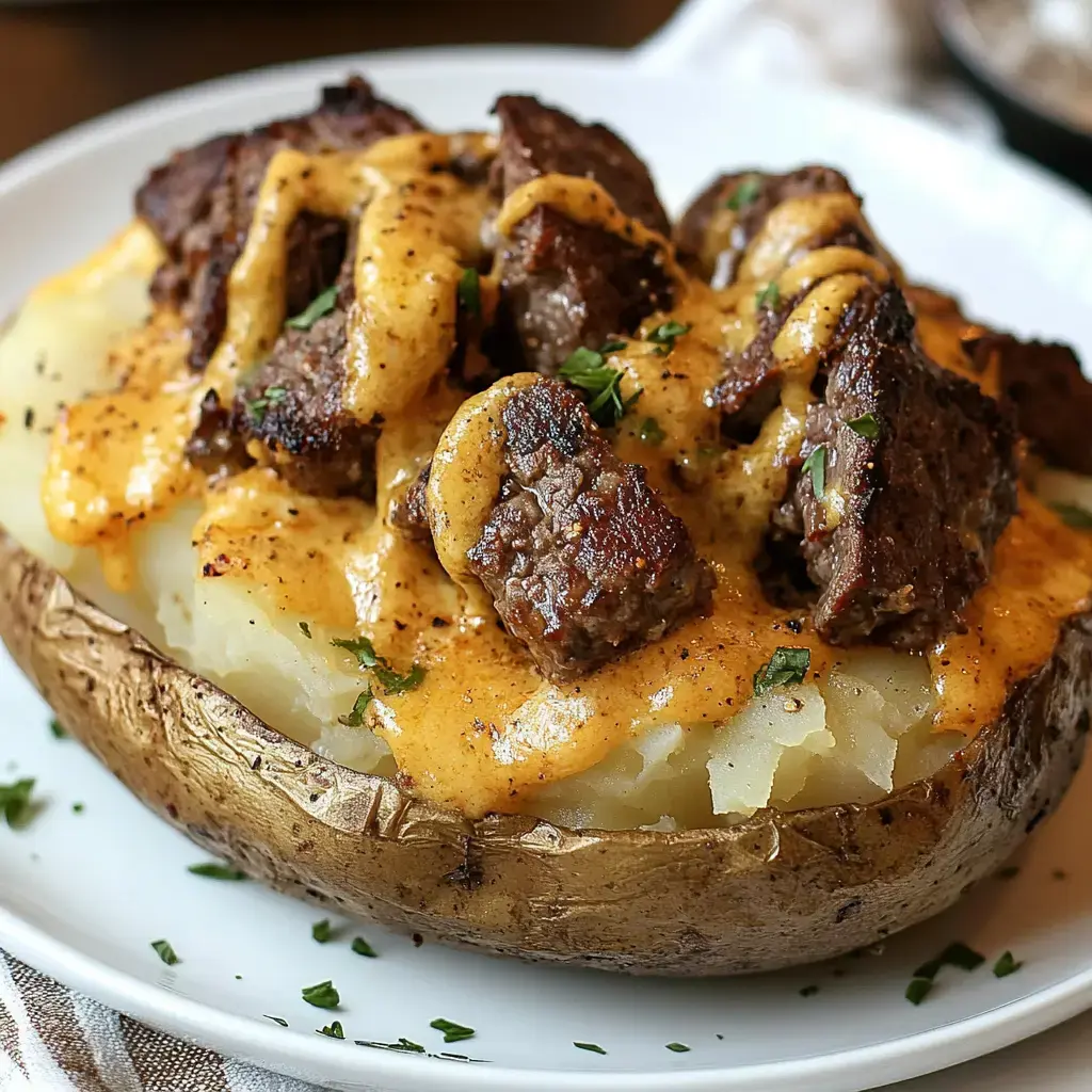 A baked potato topped with chunks of beef and a creamy cheese sauce, garnished with parsley.