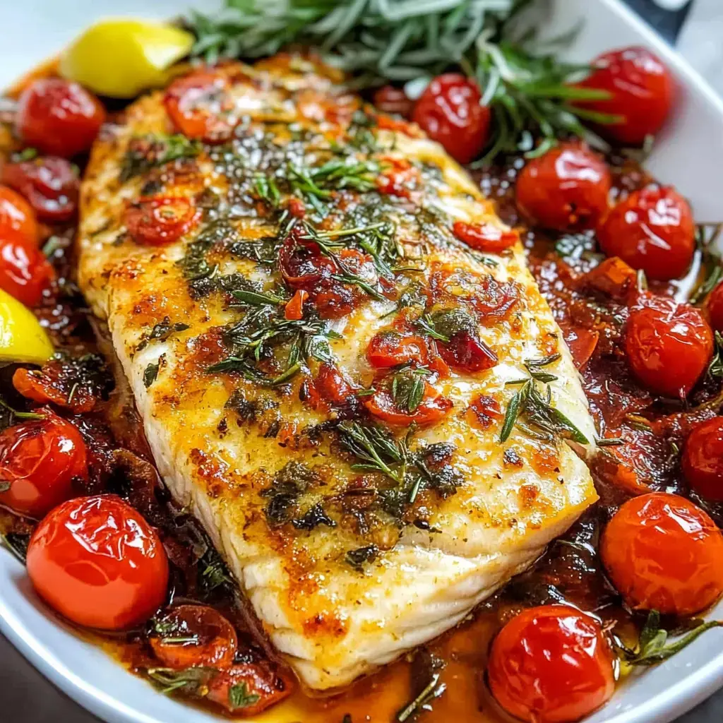 A beautifully plated piece of baked fish garnished with fresh herbs, surrounded by roasted cherry tomatoes and lemon wedges.