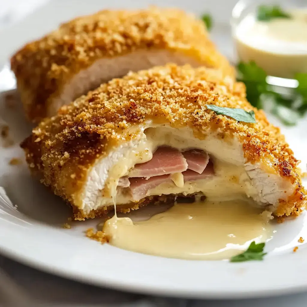 A close-up of a breaded chicken breast sliced open, revealing layers of ham and melted cheese inside, served on a white plate with a small dish of sauce nearby.