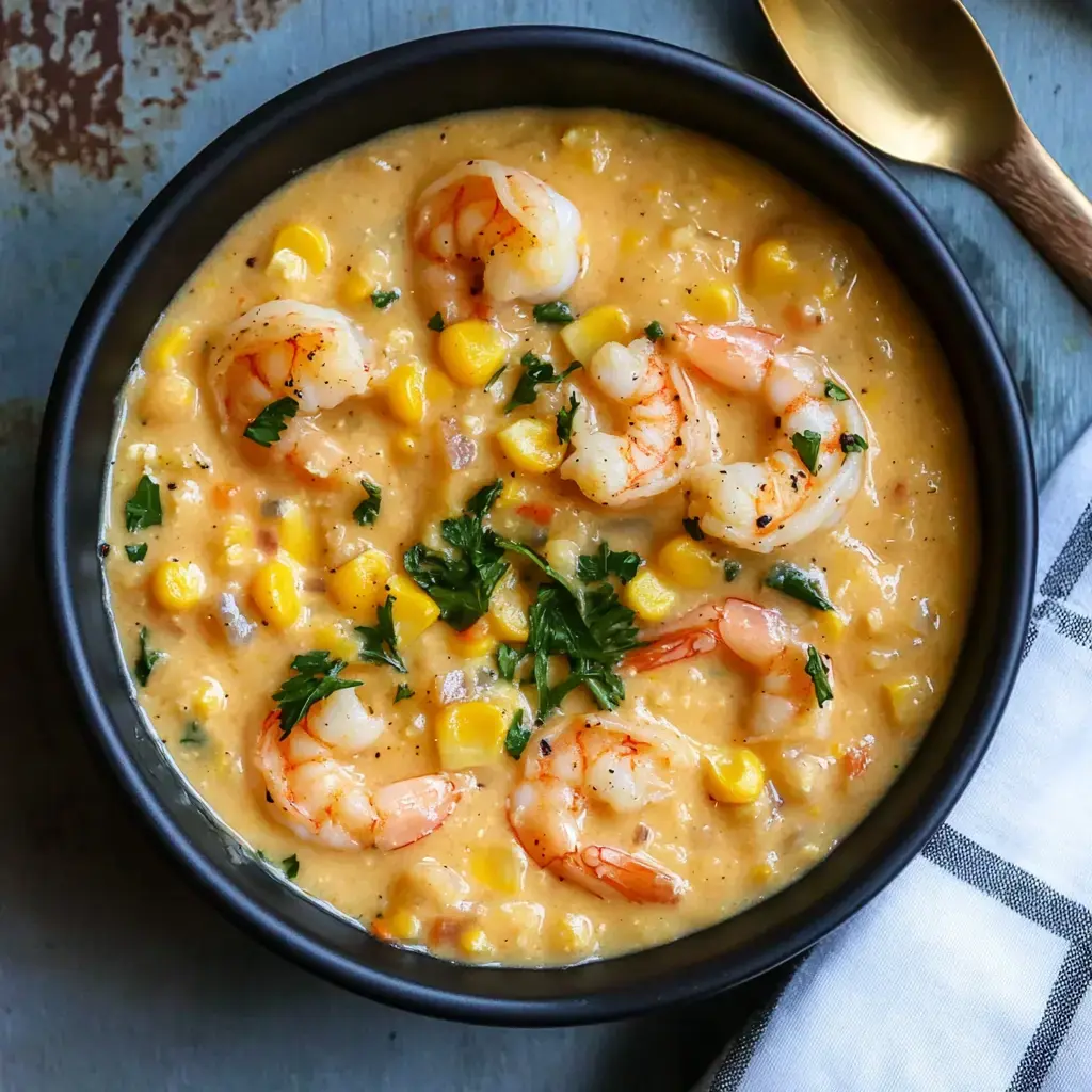 A black bowl filled with creamy shrimp and corn chowder, garnished with fresh parsley, on a textured surface with a golden spoon and a white checkered napkin nearby.