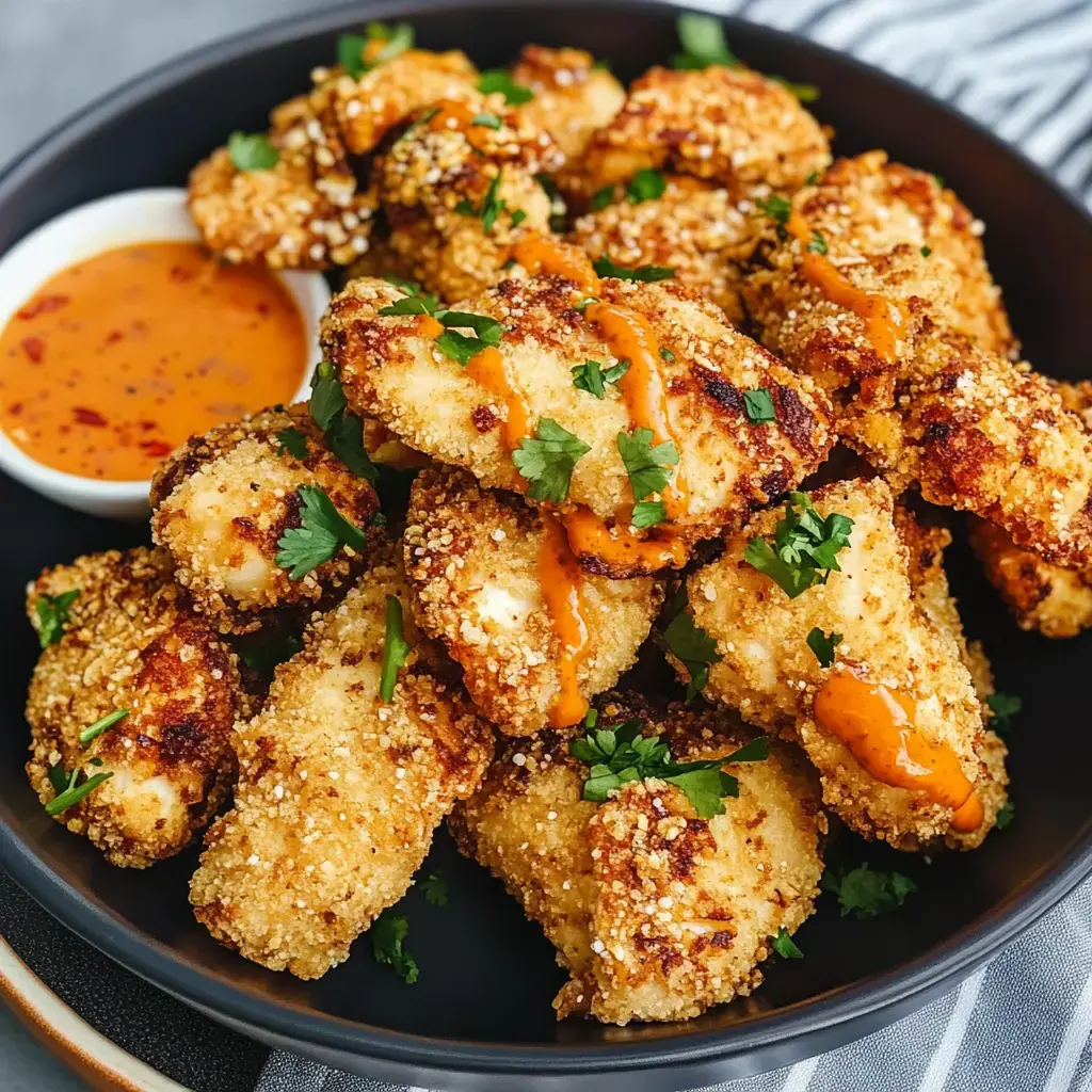 A plate of crispy, golden-brown breaded chicken pieces garnished with fresh parsley, accompanied by a small dish of spicy dipping sauce.