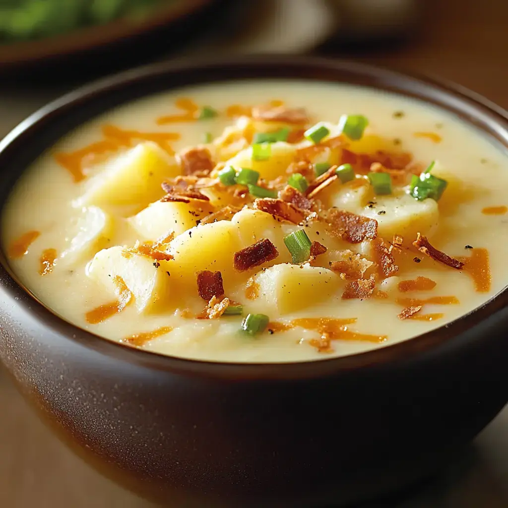 A bowl of creamy potato soup topped with bacon bits, shredded cheese, and chopped green onions.