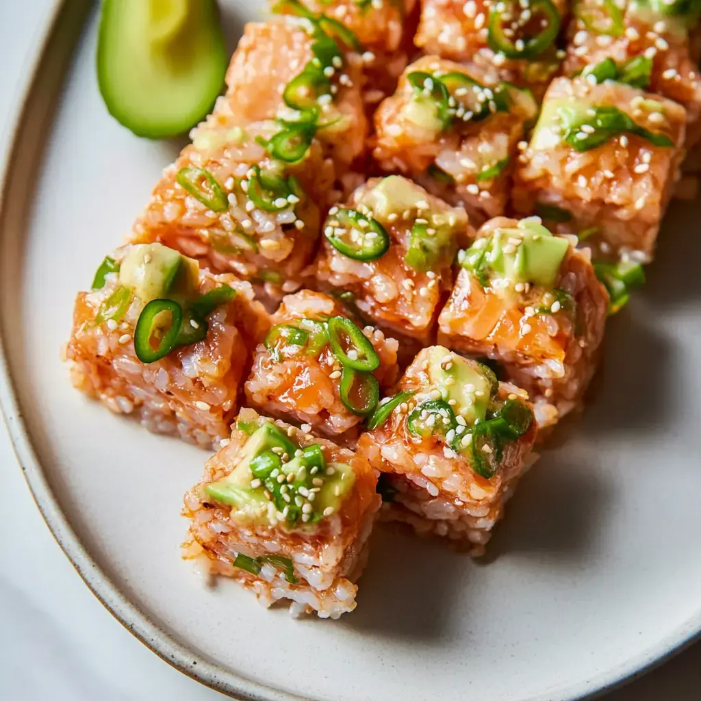 A plate of sushi featuring colorful, cubed pieces topped with green onions and sesame seeds, alongside a slice of cucumber.