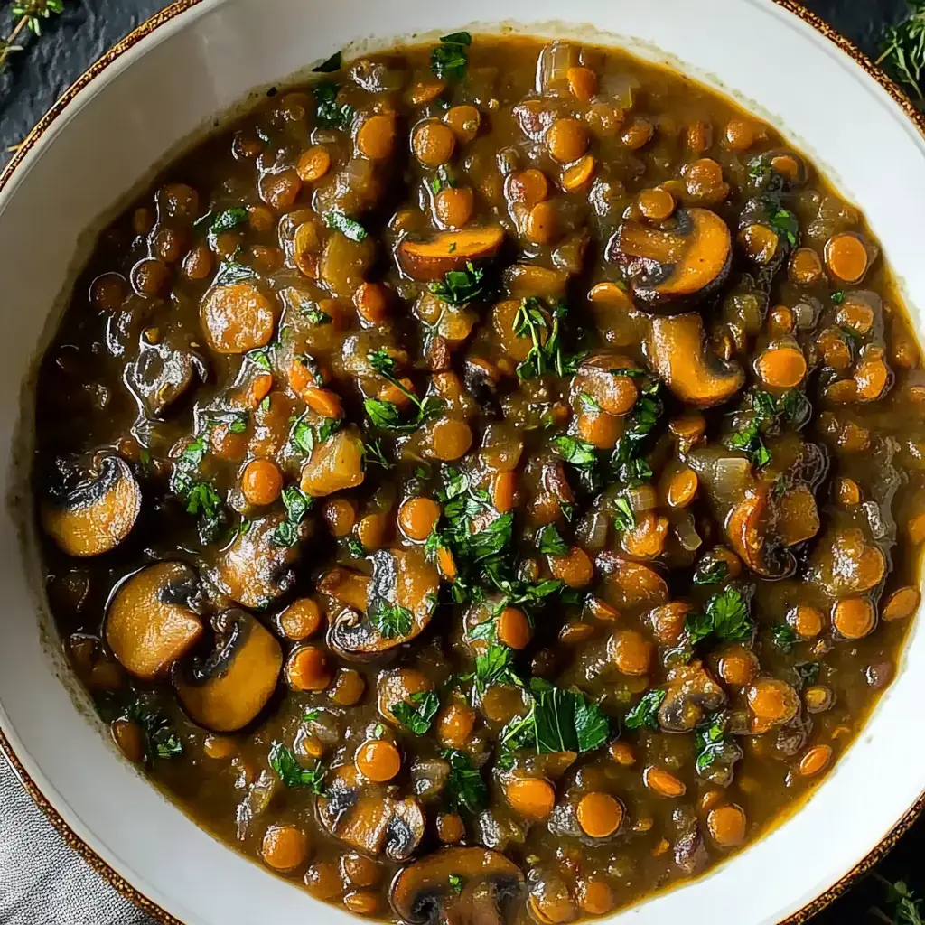 A bowl of thick lentil soup garnished with chopped parsley and slices of mushrooms.