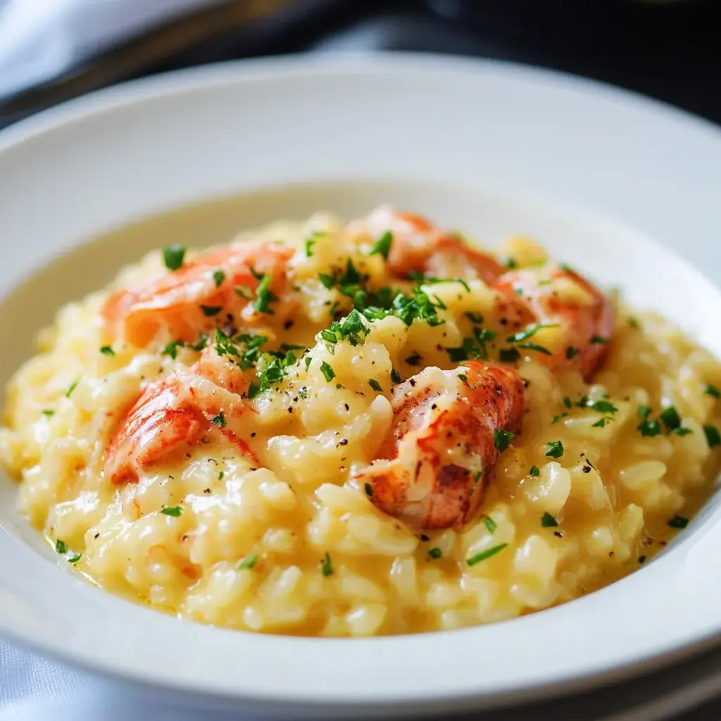 A creamy lobster risotto topped with chopped parsley is served in a white bowl.