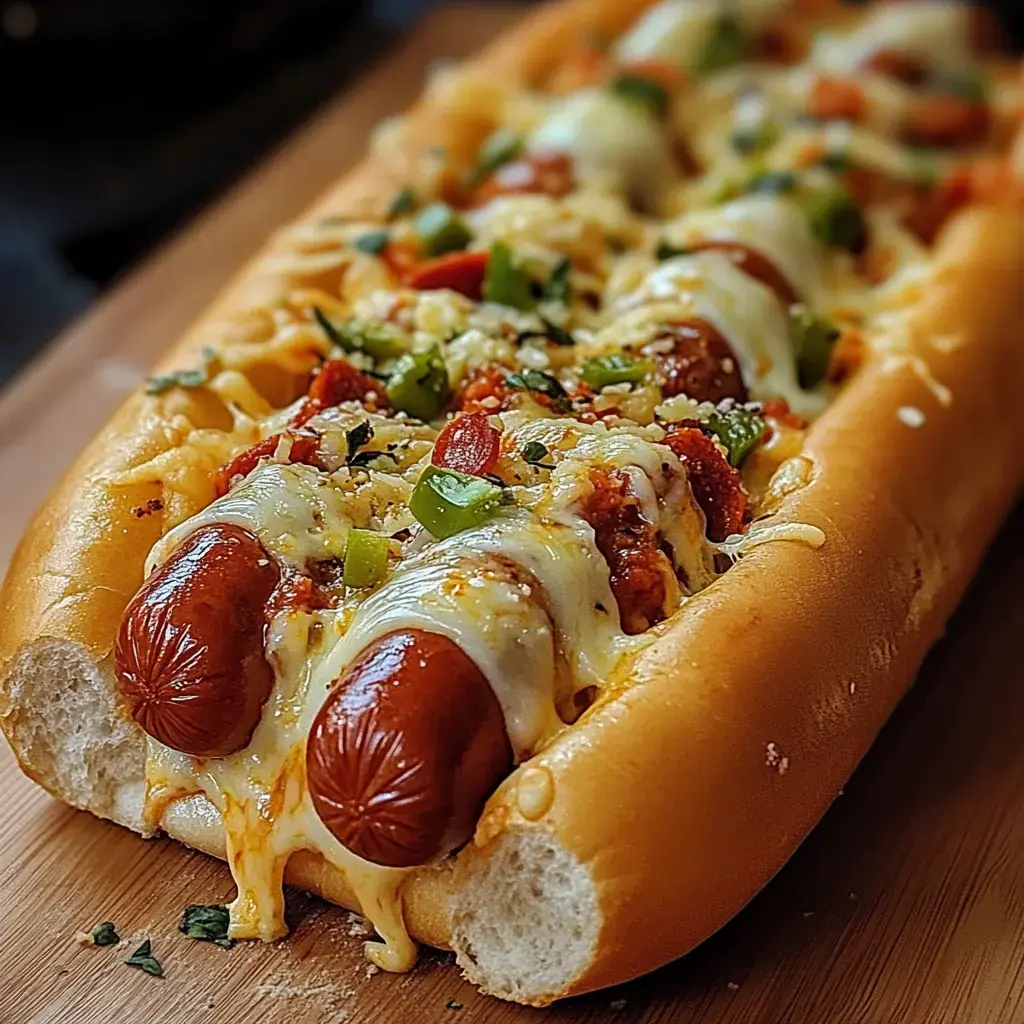 A loaded hot dog topped with melted cheese, diced tomatoes, green peppers, and herbs, served in a split bun on a wooden board.