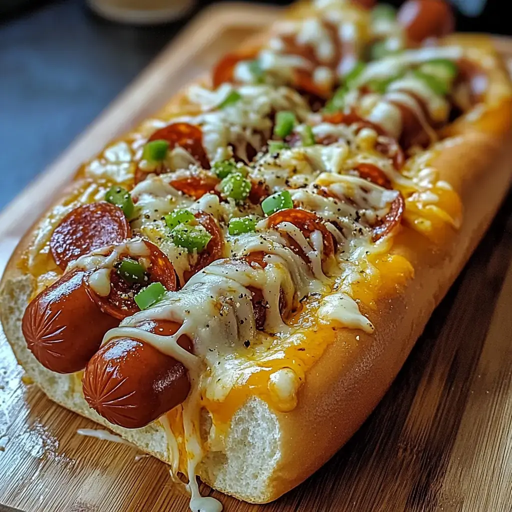 A loaded hot dog topped with pepperoni, melted cheese, and green peppers, served on a wooden board.