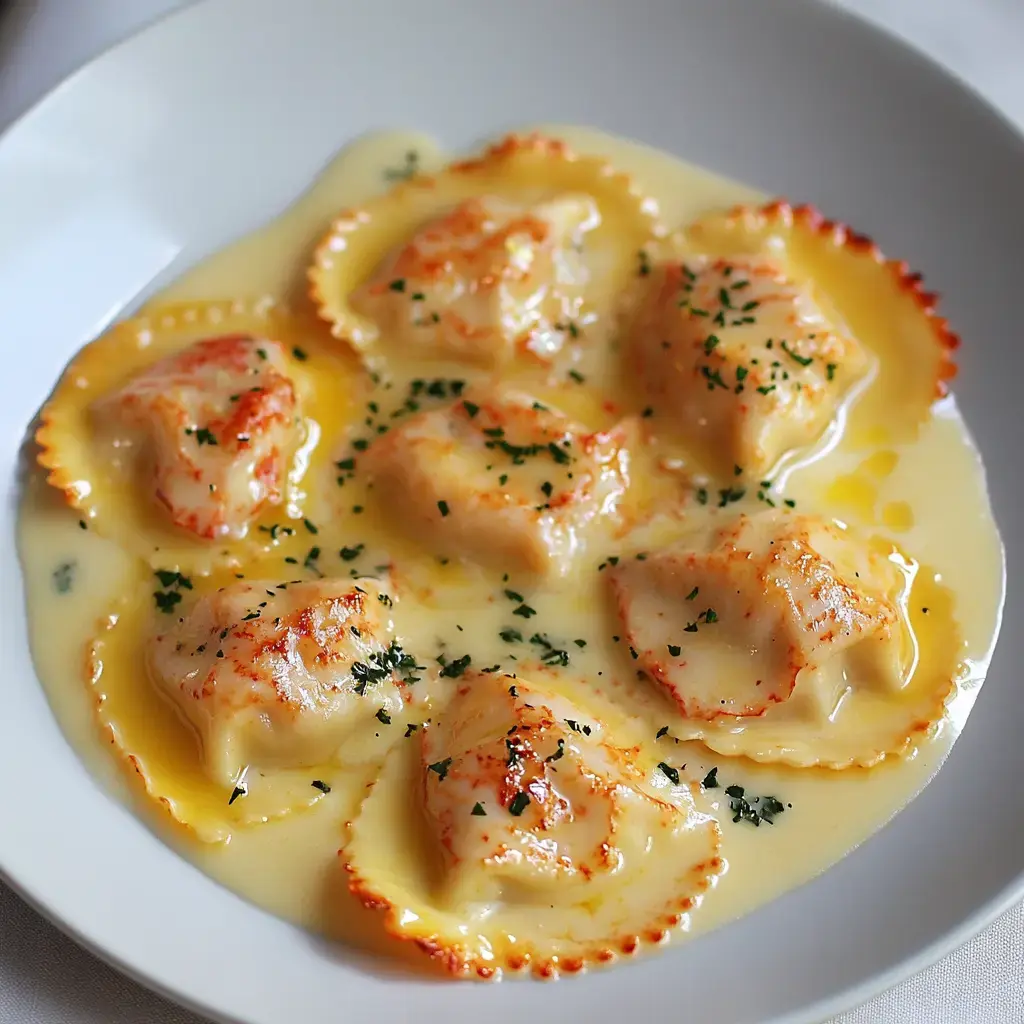 A plate of ravioli drizzled with a creamy sauce and garnished with parsley.