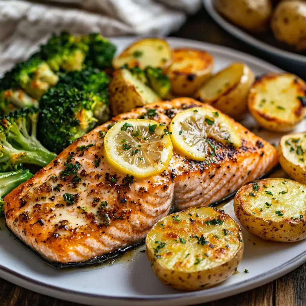 A plated meal featuring grilled salmon garnished with lemon slices, accompanied by roasted potatoes and steamed broccoli.