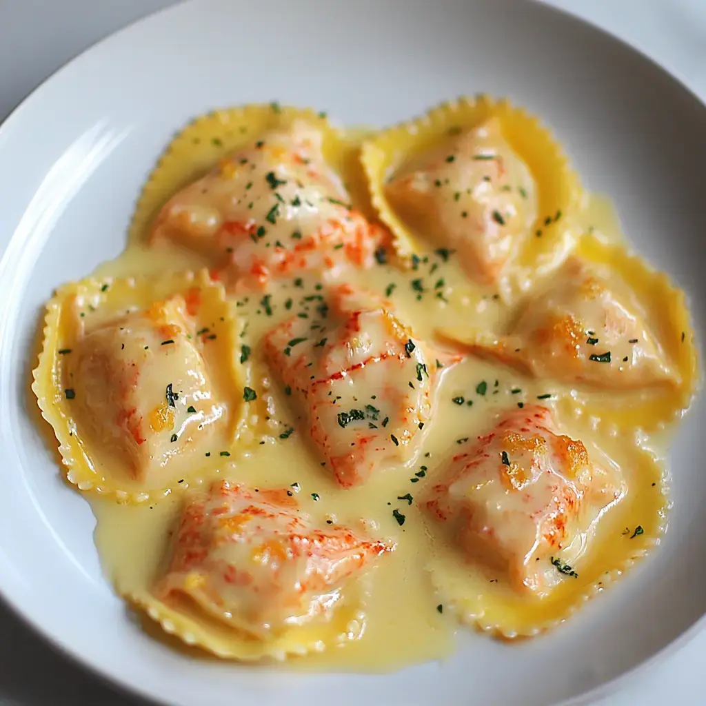 A plate of ravioli in a creamy sauce, garnished with chopped herbs.