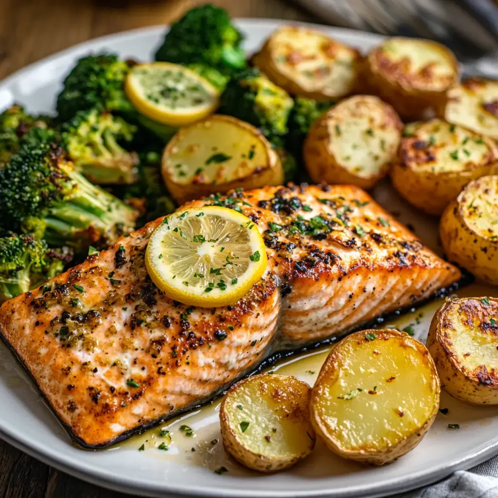 A plate of grilled salmon topped with lemon slices, accompanied by roasted potatoes and steamed broccoli.