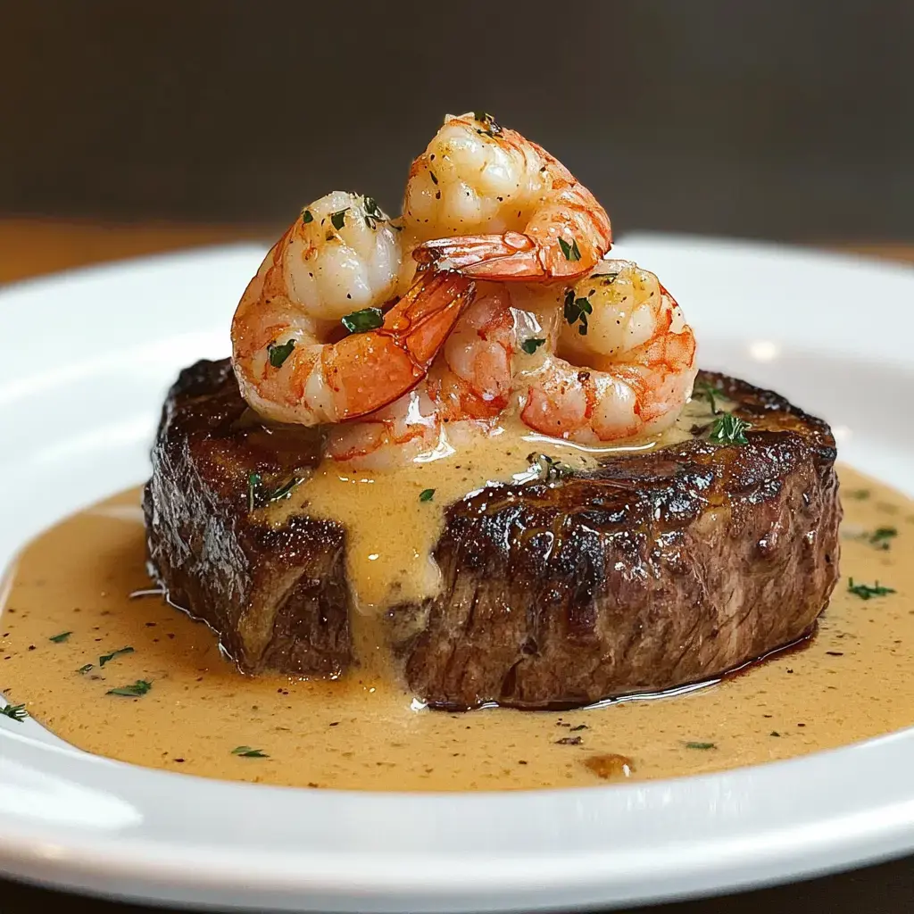 A gourmet dish featuring a tender steak topped with shrimp and a creamy sauce, garnished with herbs.