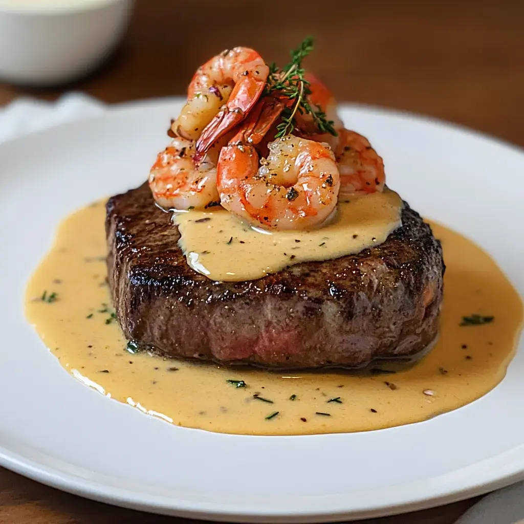 A cooked filet mignon topped with sautéed shrimp and a creamy sauce, garnished with fresh thyme, served on a white plate.