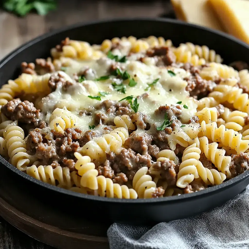 A serving of fusilli pasta topped with ground beef and melted cheese, garnished with parsley, in a black skillet.