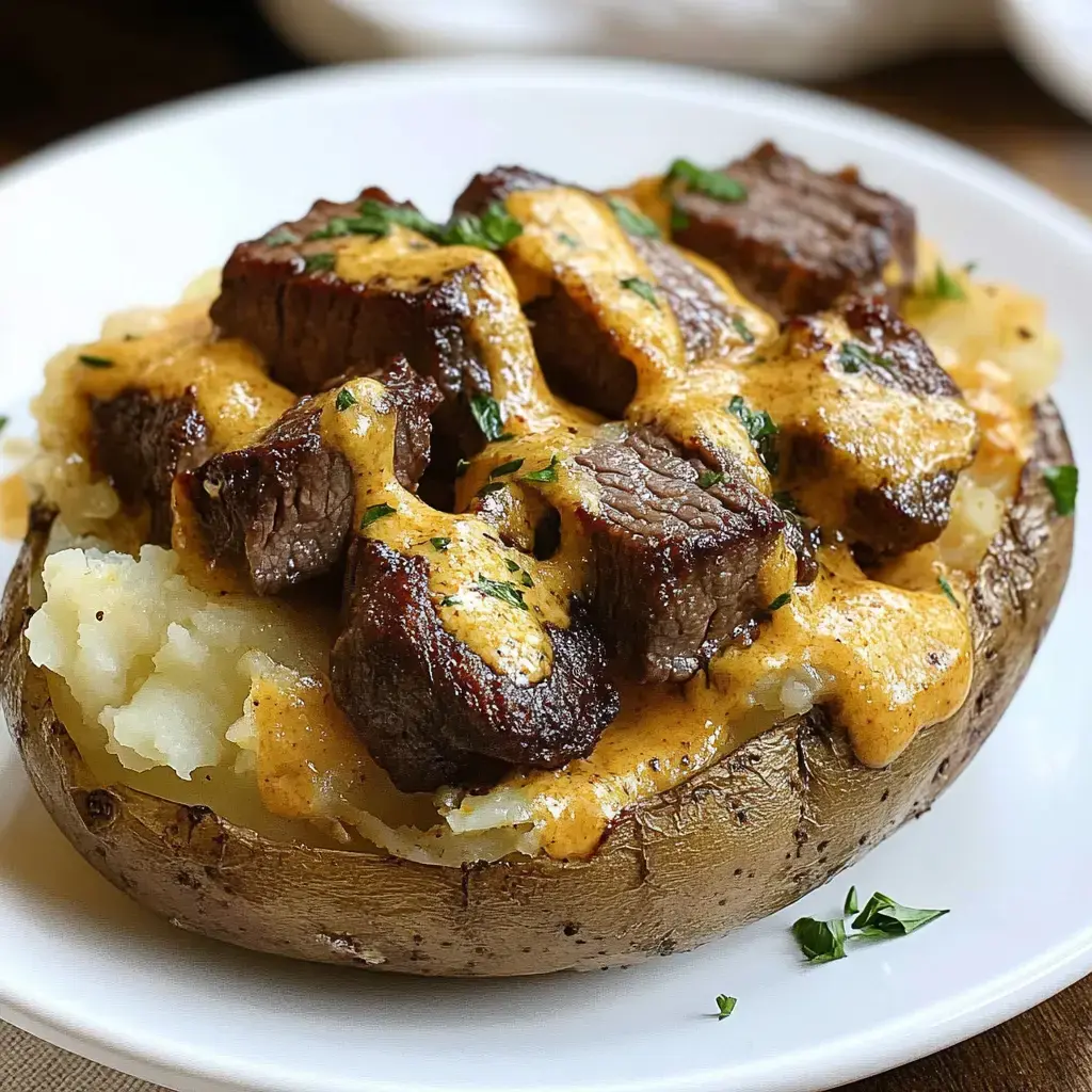 A loaded baked potato topped with chunks of beef and a creamy sauce.