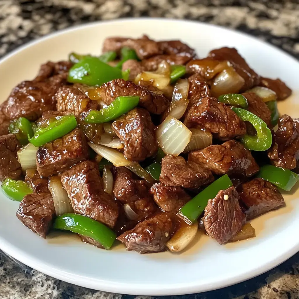 A plate of stir-fried beef cubes with green bell peppers and onions.