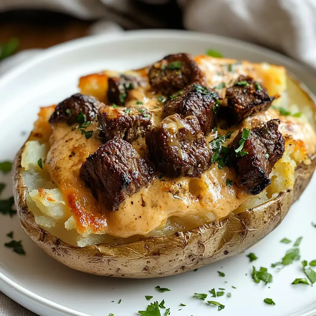 A loaded baked potato topped with pieces of beef, creamy sauce, and fresh parsley.