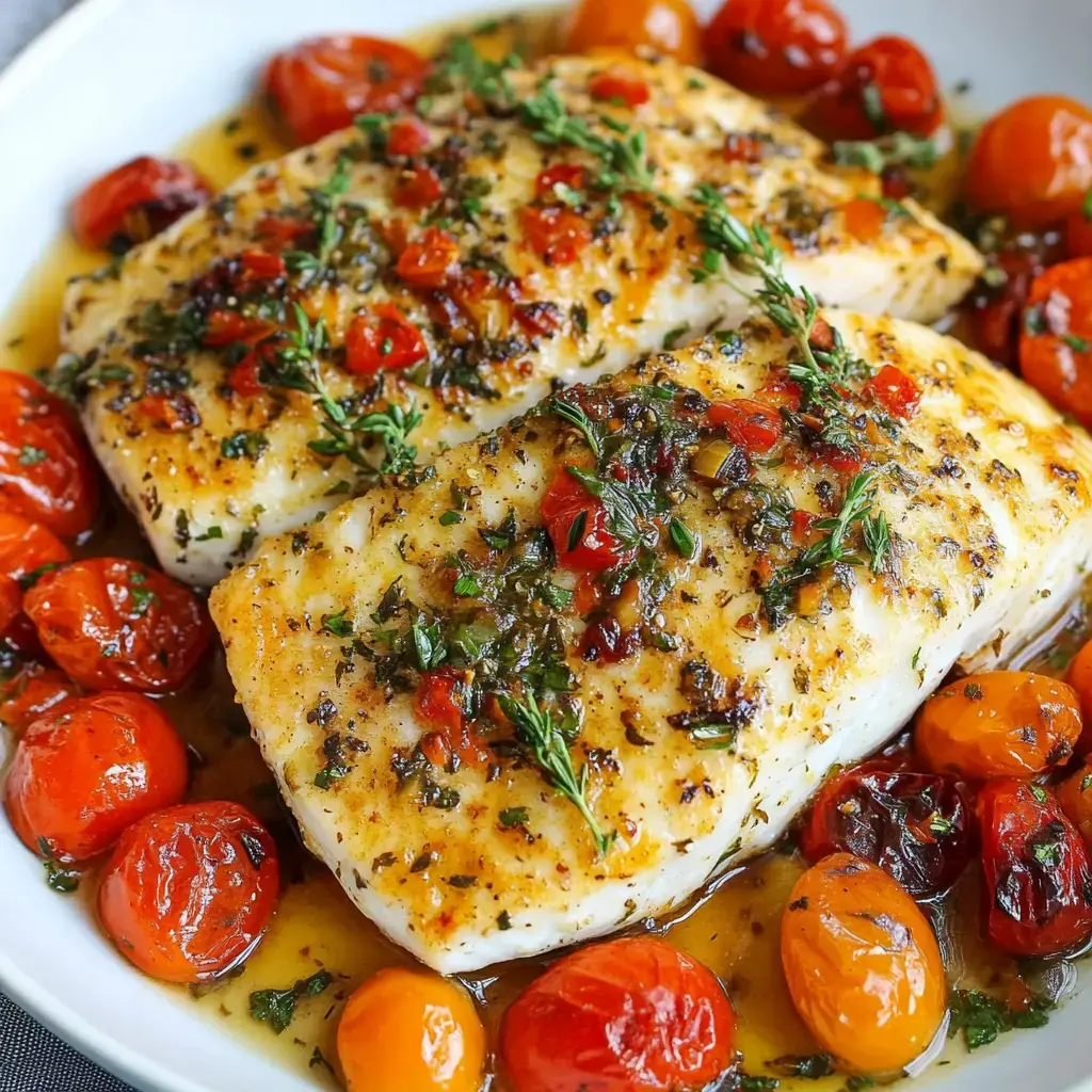 A plate of two golden-brown fish fillets topped with herbs and surrounded by roasted cherry tomatoes.