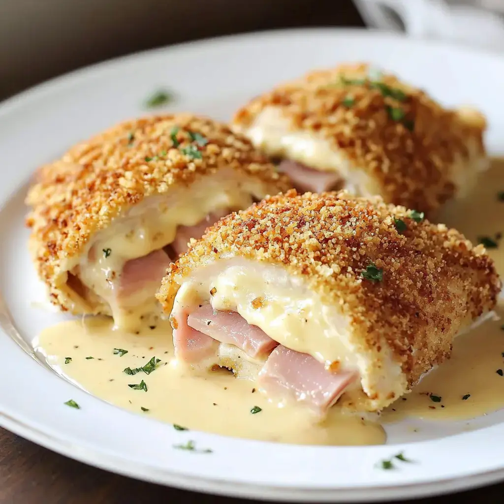 Three crispy, golden-brown rolls filled with ham and cheese, served on a plate with a creamy sauce and garnished with parsley.