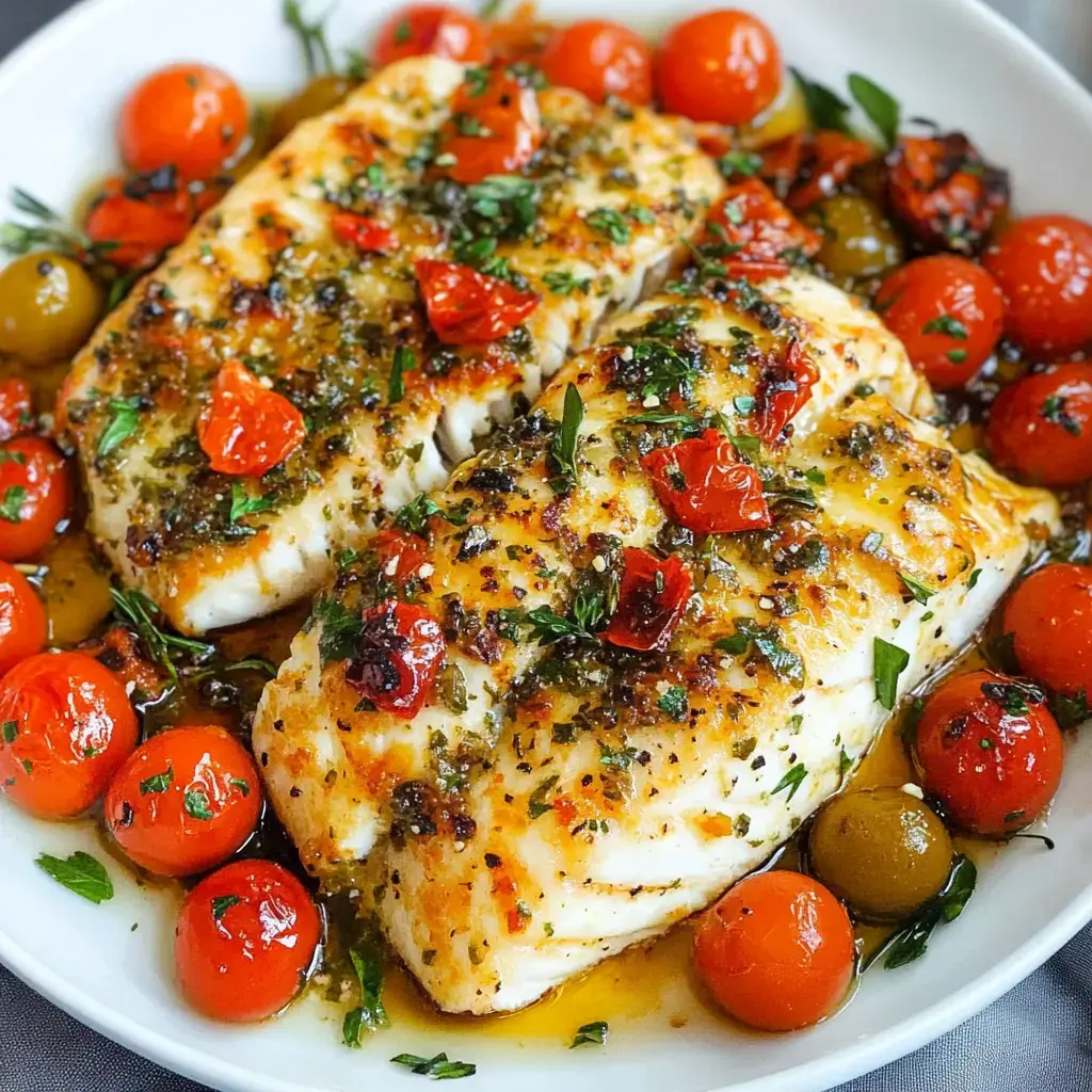 A close-up of two pieces of baked fish topped with herbs and surrounded by roasted cherry tomatoes and olives on a white plate.