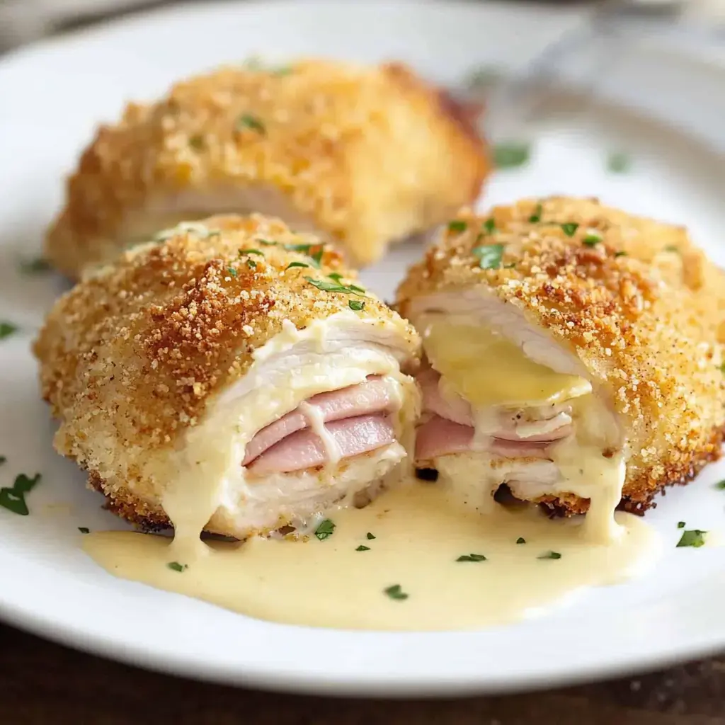 A plate of crispy, golden-brown chicken stuffed with ham and melted cheese, drizzled with a creamy sauce.