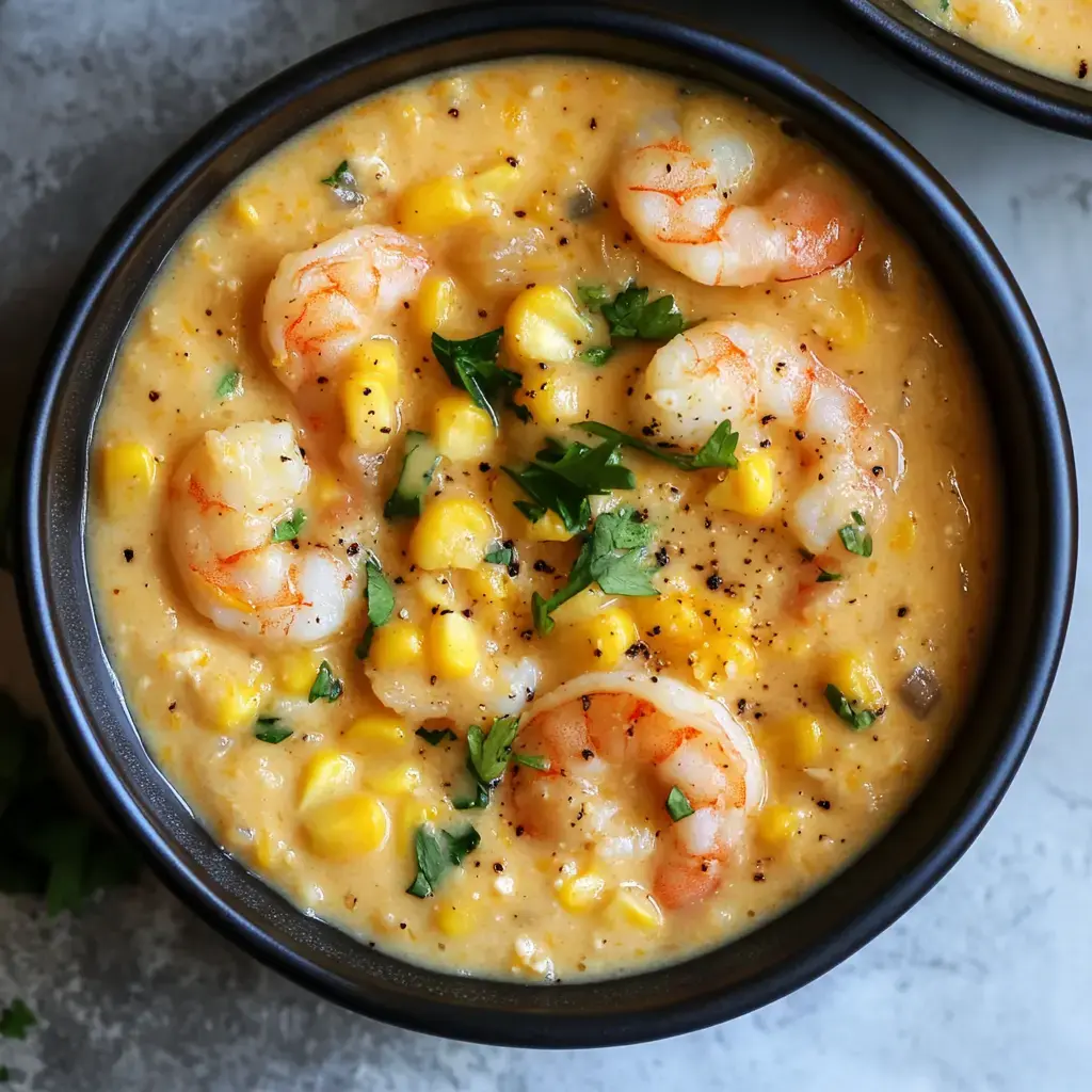 A close-up bowl of creamy shrimp and corn chowder garnished with fresh parsley and black pepper.