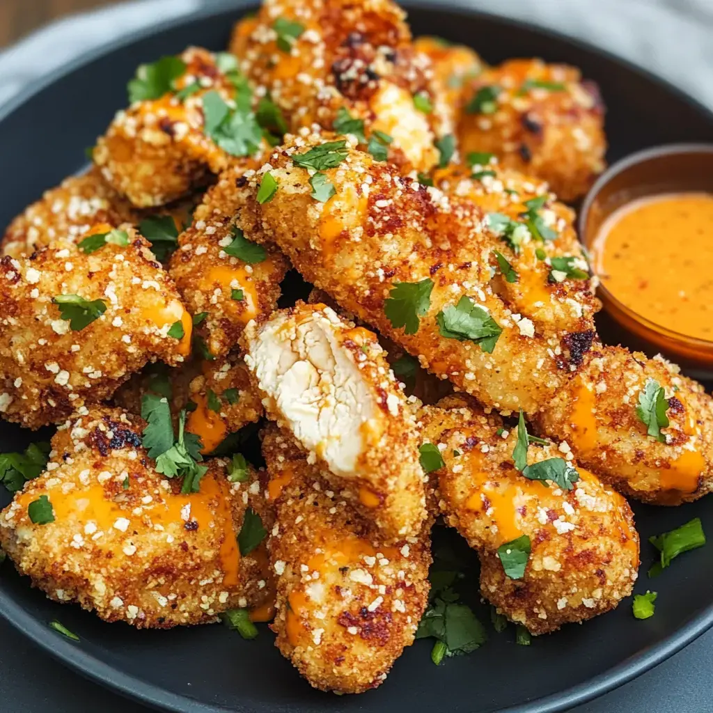 A plate of crispy chicken nuggets topped with orange sauce and garnished with fresh cilantro, alongside a small bowl of dipping sauce.