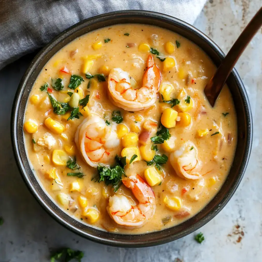 A bowl of creamy shrimp and corn soup garnished with fresh parsley.