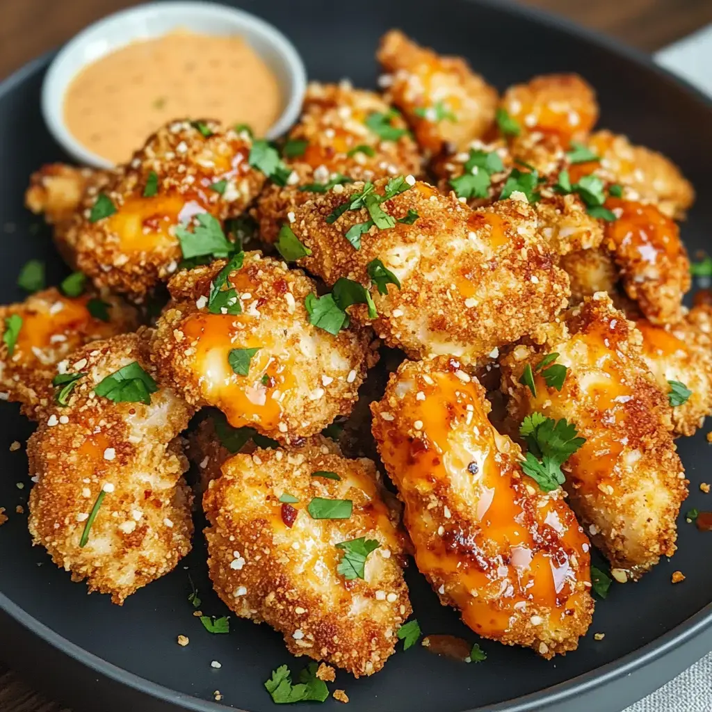 A plate of crispy, golden-brown chicken pieces garnished with chopped cilantro and drizzled with a spicy sauce, accompanied by a small bowl of dipping sauce.