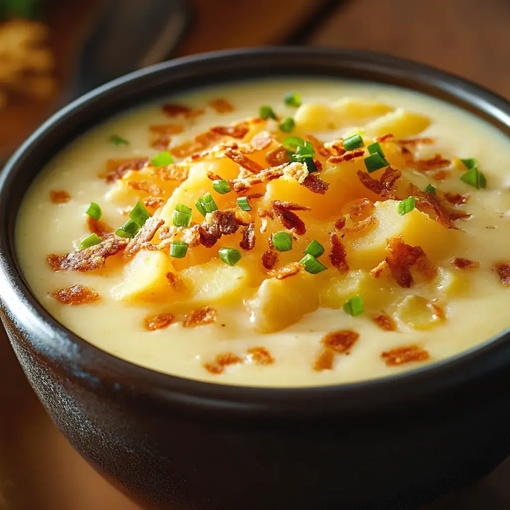 A black bowl of creamy potato soup topped with crispy bacon bits and chopped green onions.