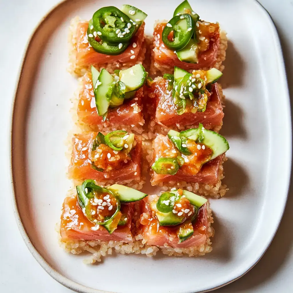 A close-up of sushi squares topped with sashimi, jalapeños, cucumbers, and a drizzle of sauce, served on a white platter.