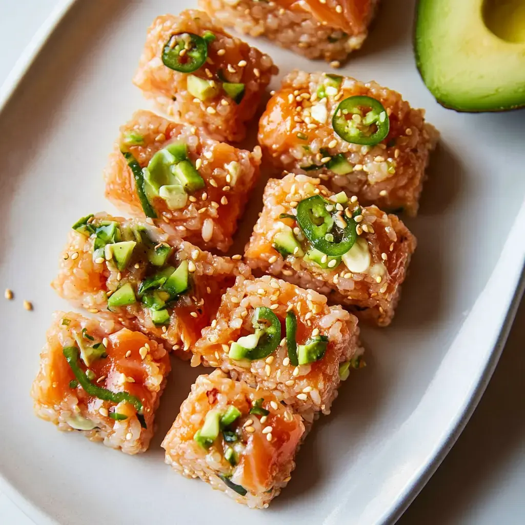 A plate of sushi cubes topped with salmon, green onions, sliced jalapeños, and sesame seeds, accompanied by an avocado half.