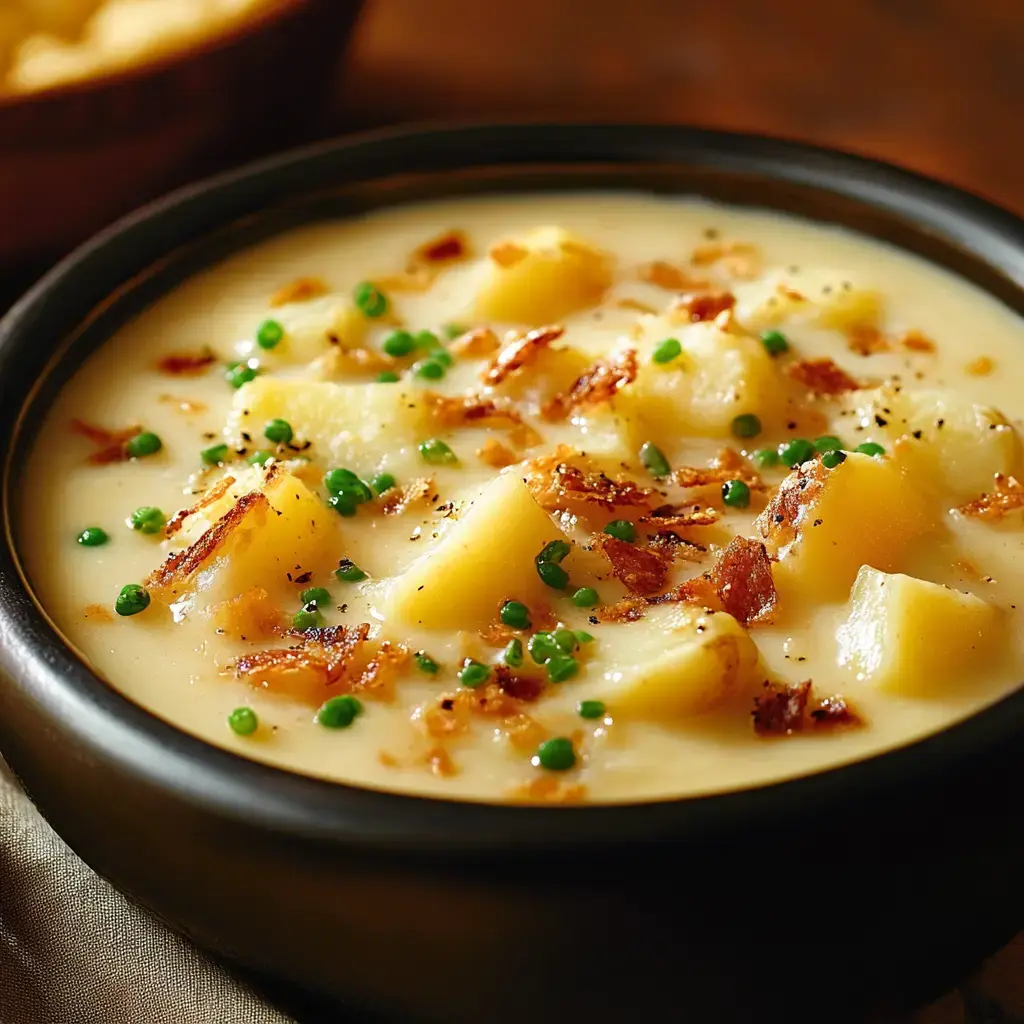 A close-up of a creamy potato soup garnished with crispy bits and green peas in a dark bowl.