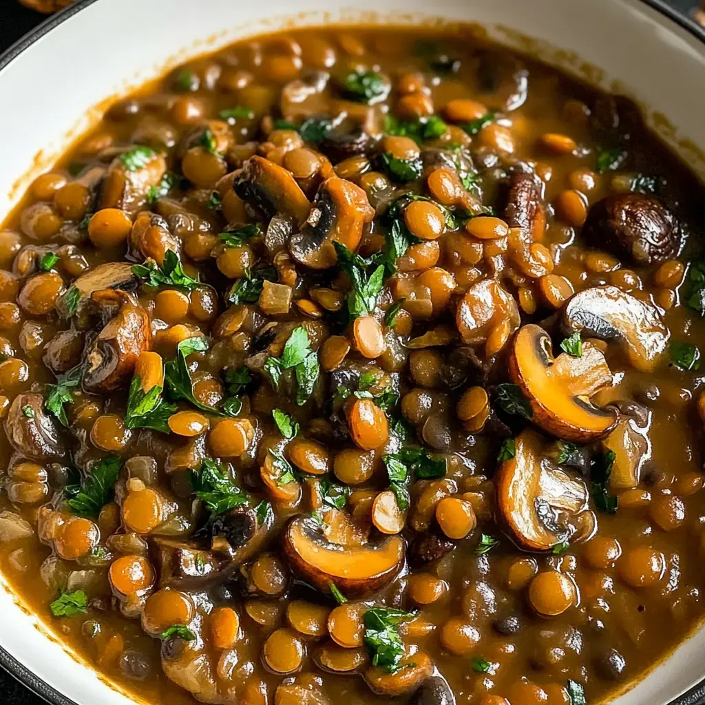 A hearty dish of brown lentils and mushrooms, garnished with fresh parsley.