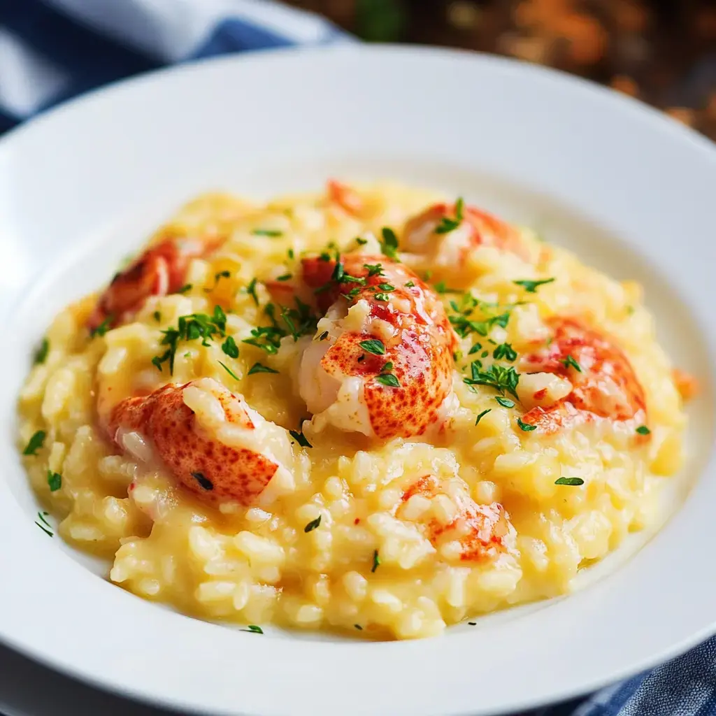 A creamy lobster risotto topped with chunks of lobster and fresh herbs served in a white bowl.