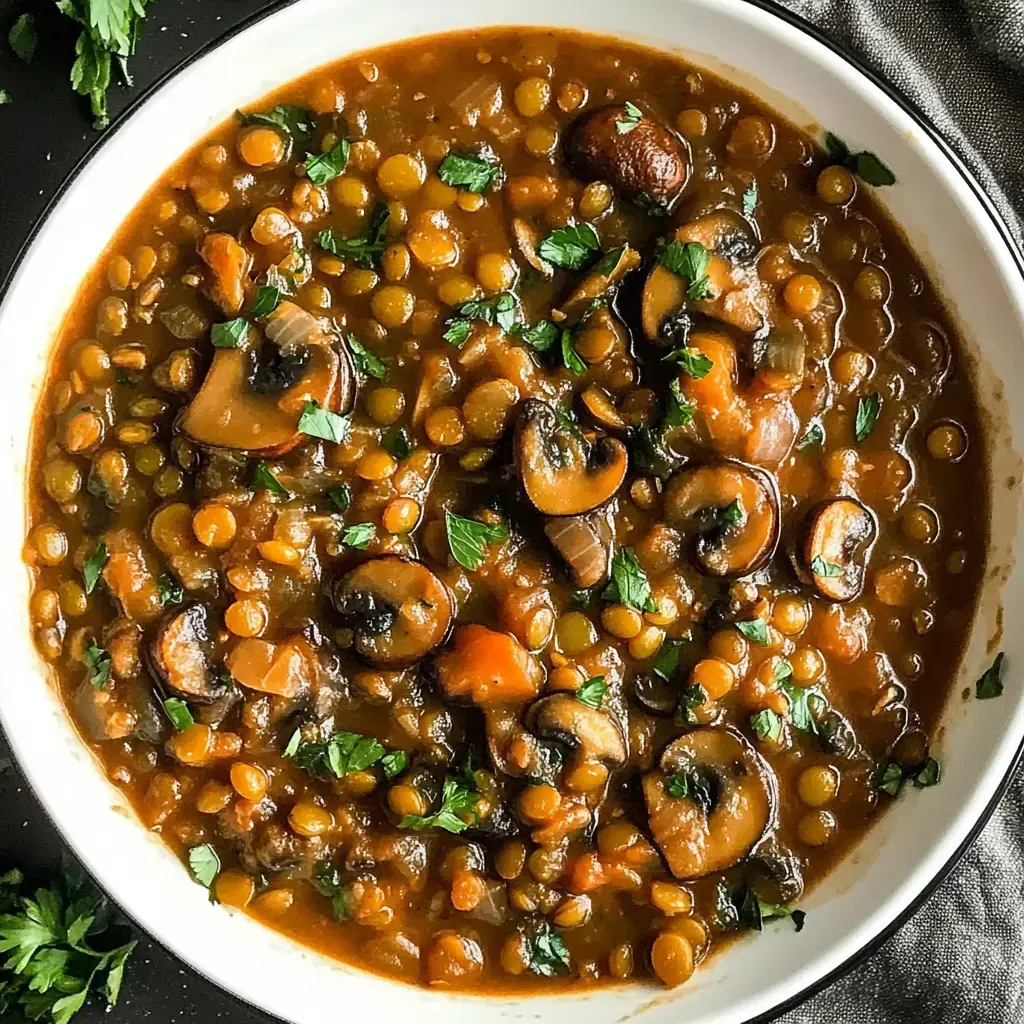 A bowl of lentil soup garnished with fresh parsley and featuring sliced mushrooms and vegetables in a rich, savory broth.